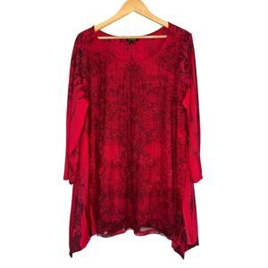 Y2K Red Floral Lace Top Blouse XL Fairy Fairycore Fairygoth Tunic Asymmetrical